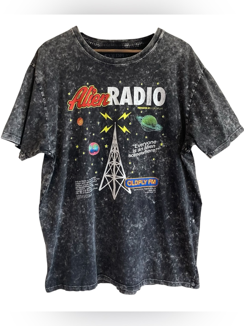 Coldplay Alien Radio Tour Band Graphic Tee Shirt Acid Wash Black Gray